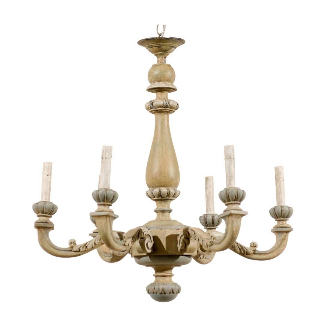French Carved and Painted Wood Six-Light Vintage Chandelier, Neutral Color