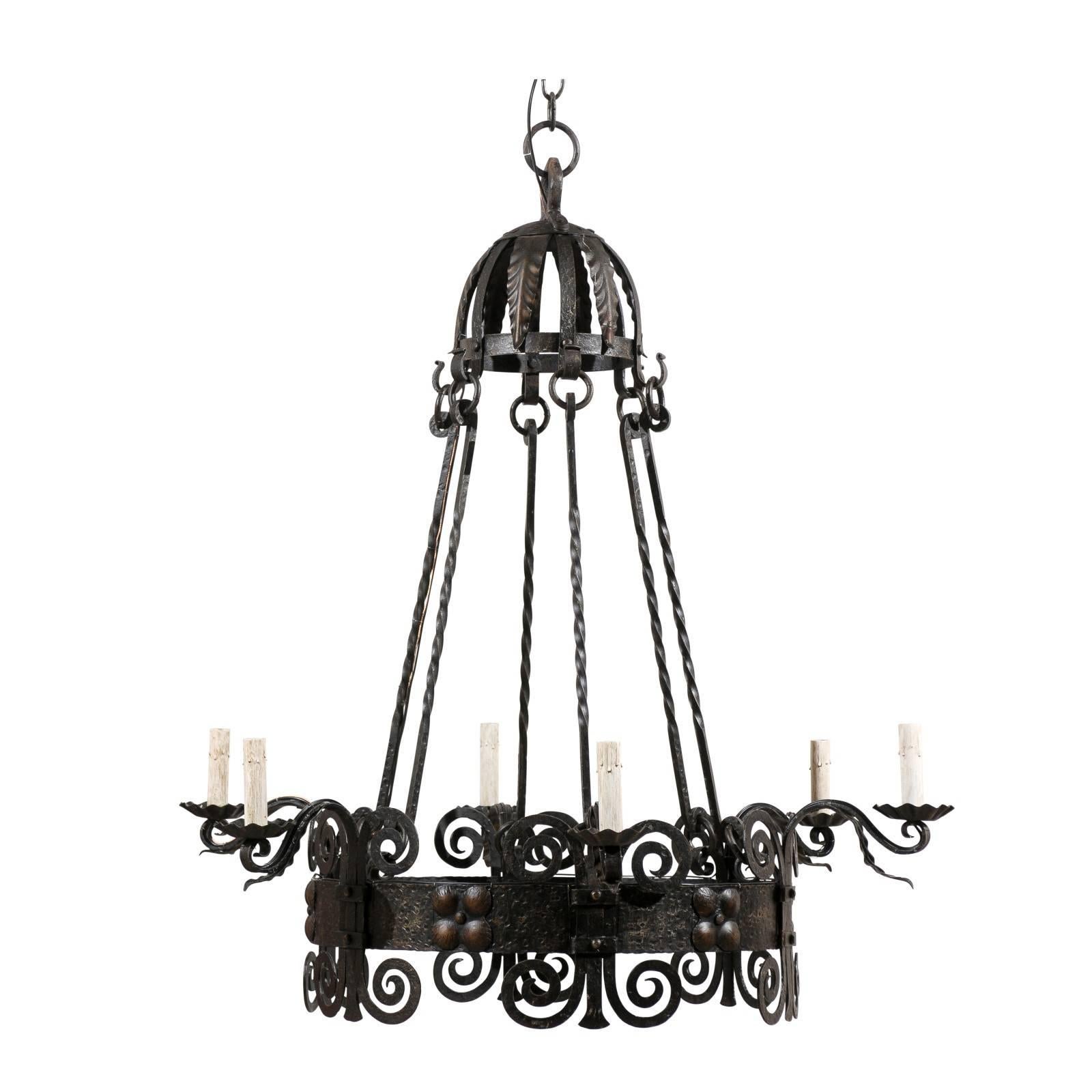 Italian Six-Light Black Iron Ring Chandelier with Scroll Motifs and Domed Canopy For Sale