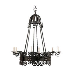 Vintage Italian Six-Light Black Iron Ring Chandelier with Scroll Motifs and Domed Canopy