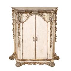 Italian Ornately Carved Two-Door Cabinet in Soft White Color with Silver Accents