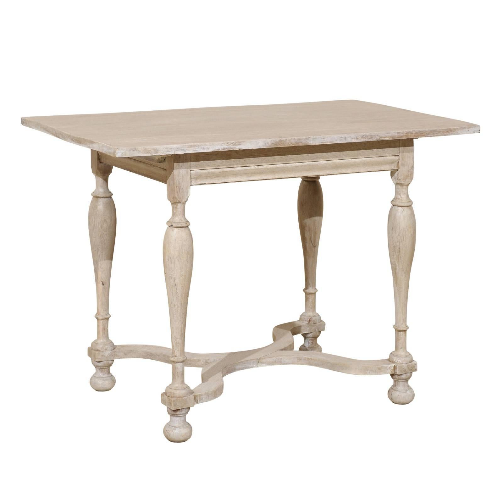 Swedish Baroque Style Side Table, Light Colored Wash, Turned Legs and Ball Feet