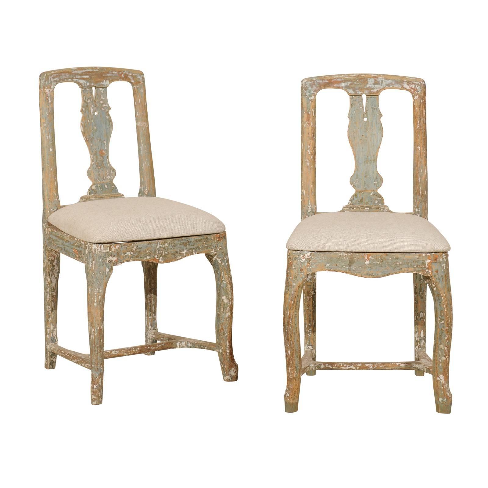 Pair of Swedish Period Rococo Side Chairs in Soft Green, Beige and White Color
