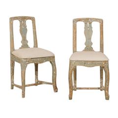 Antique Pair of Swedish Period Rococo Side Chairs in Soft Green, Beige and White Color