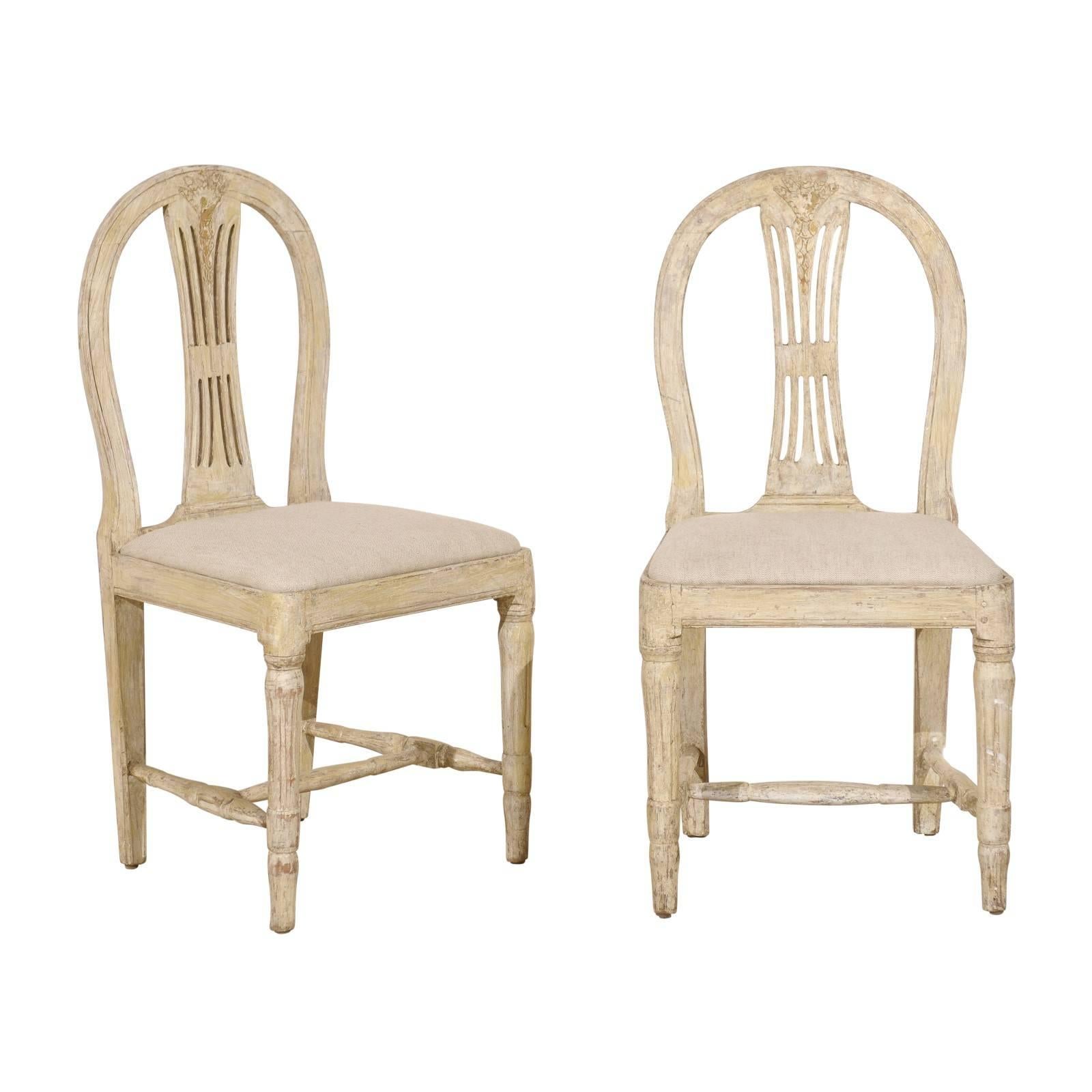 Pair of Swedish Provincial Gustavian Wheat Back Side Chairs, Warm Beige White