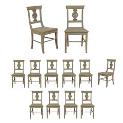 Set of 12 Carved Wood Side or Dining Chairs in Grey Green Color, Column Motif 3