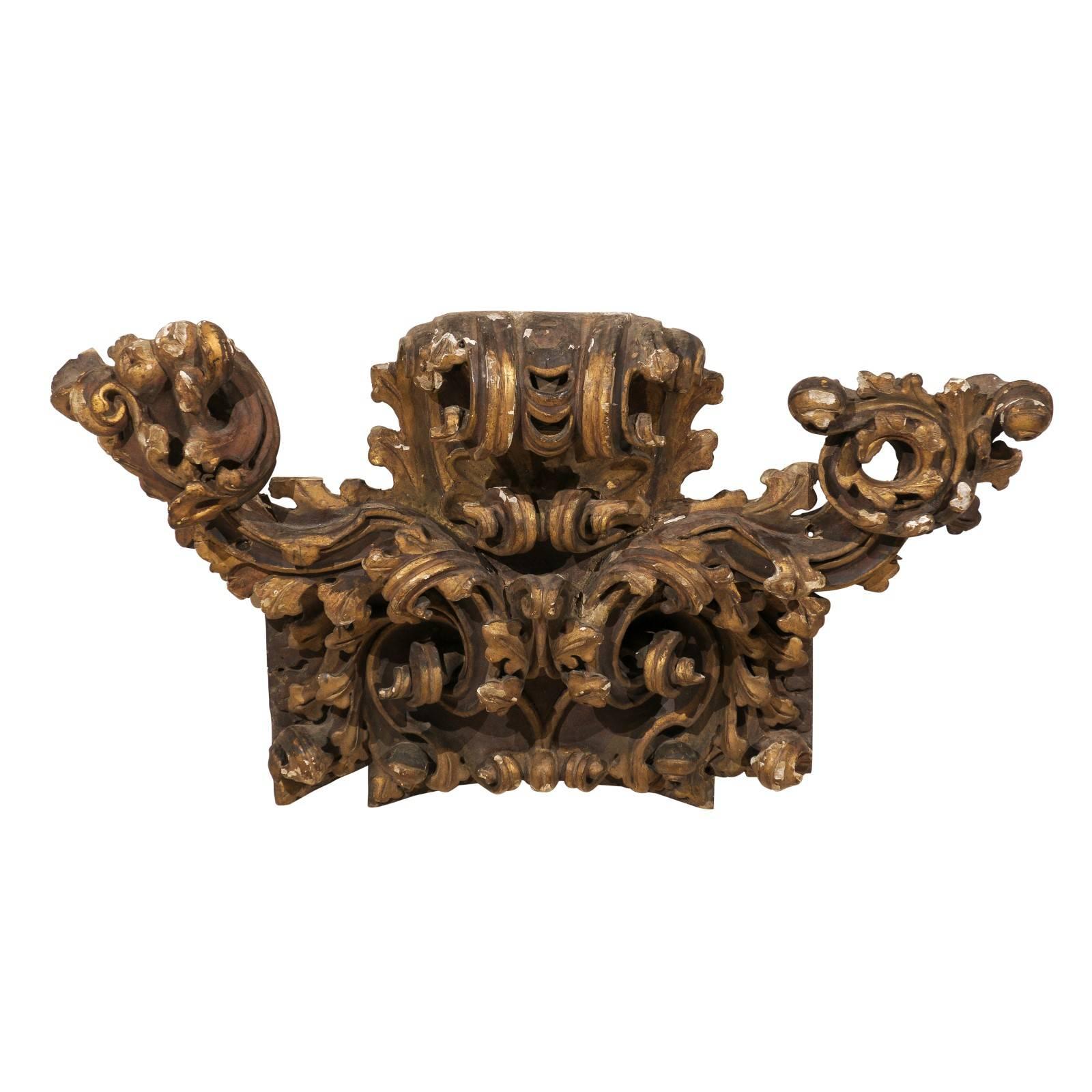 Italian Rococo Style Early 19th Century Giltwood Fragment with Rich Carving