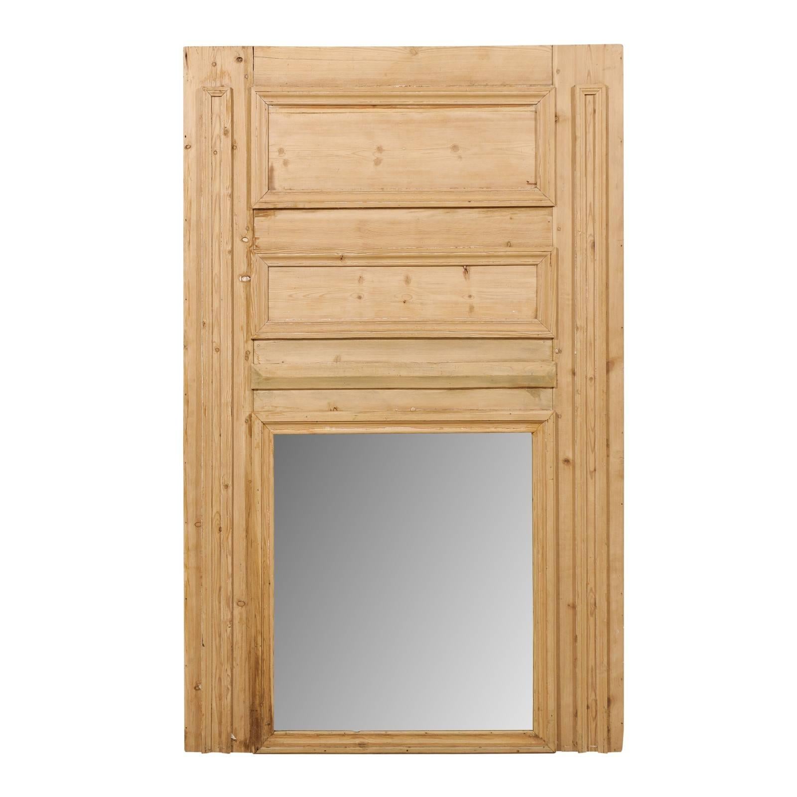 French 19th Century Pine Wood Trumeau Pier Mirror with Nice Visible Wood Grai For Sale