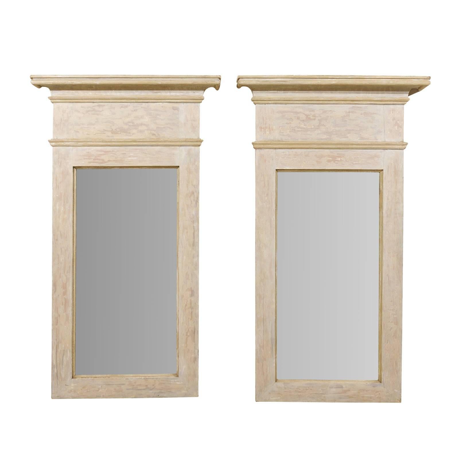 Pair of Large Size Painted Wood Trumeau Mirrors with Scraped Finish