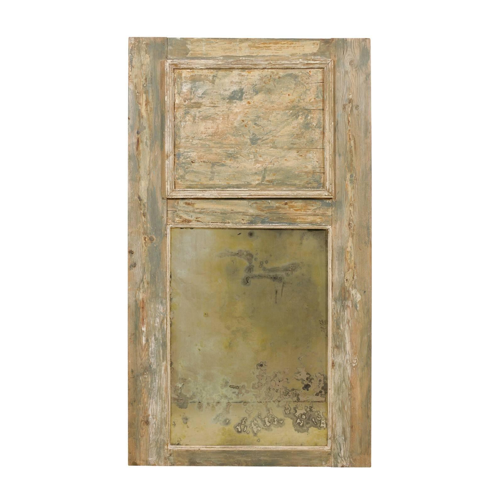 Trumeau-Spiegel des 19. Jahrhunderts, schwer, antik und mit abgeschrägter beiger Holzoberfläche, 19. Jahrhundert