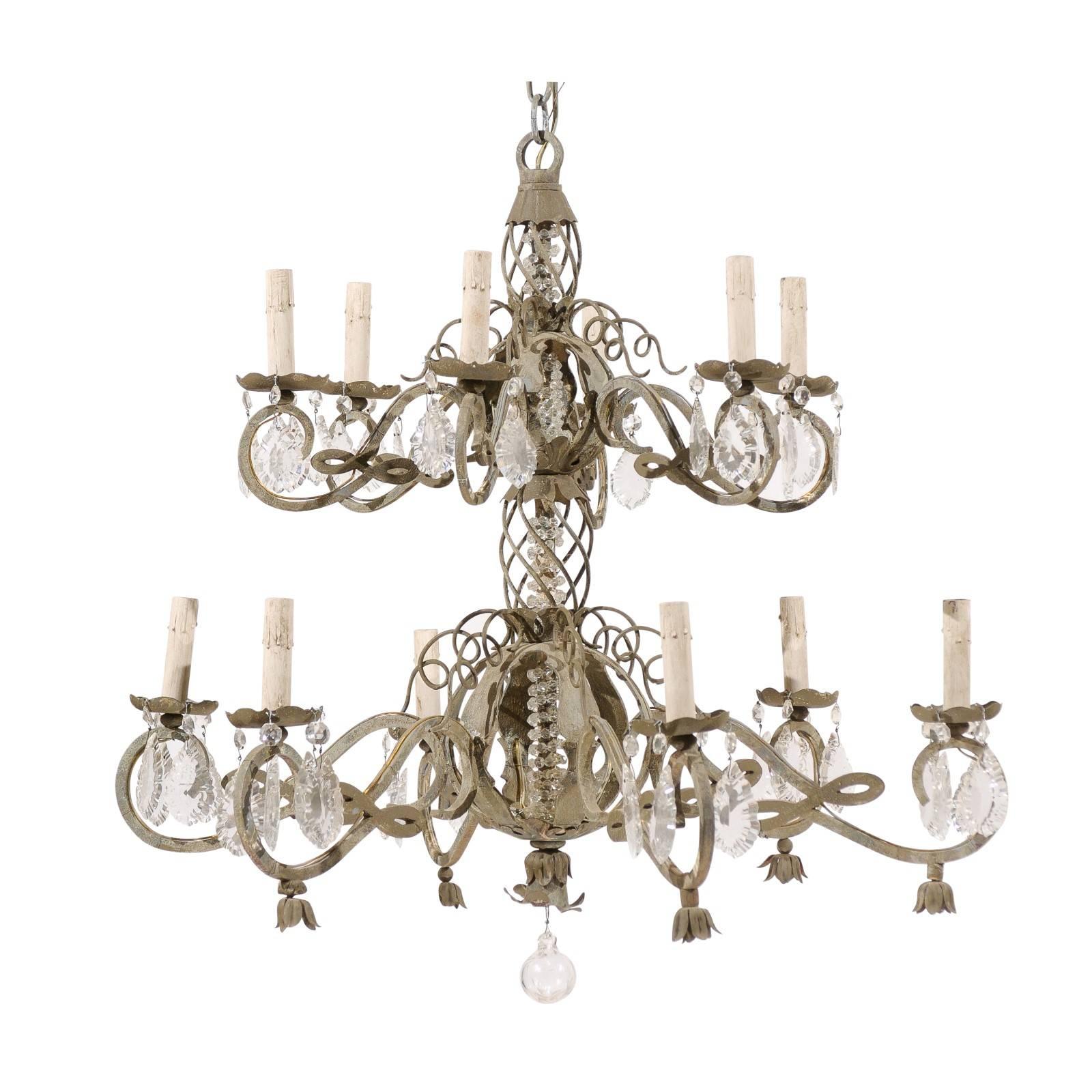 French Two-Tiered Twelve-Light Metal and Crystal Chandelier in Grey Green Color For Sale