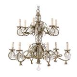 French Two-Tiered Twelve-Light Metal and Crystal Chandelier in Grey Green Color