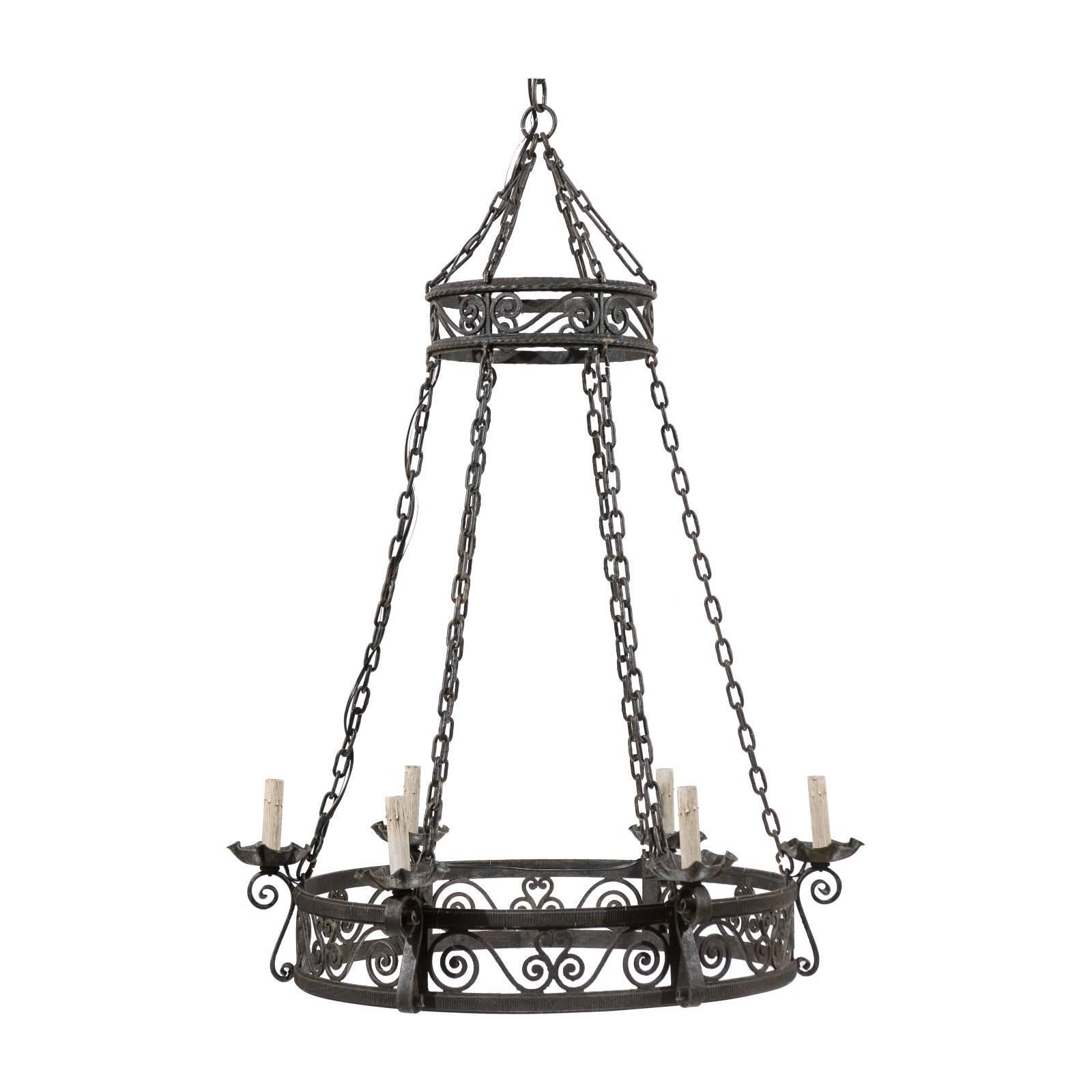 French Circular Ring Shaped Six-Light Black Iron Chandelier with Scroll Motifs For Sale