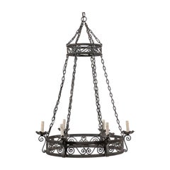 French Circular Ring Shaped Six-Light Black Iron Chandelier with Scroll Motifs