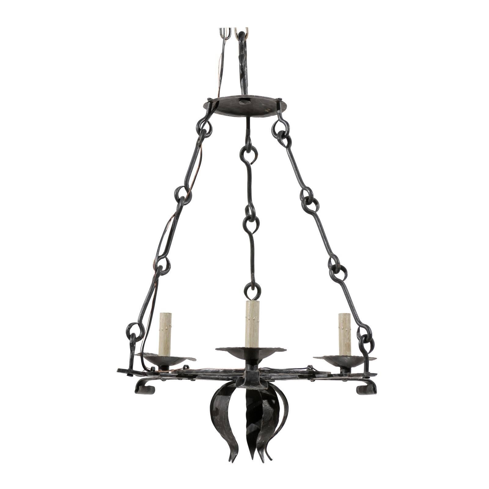 French Black Forged Iron Three-Light Chandelier with Leaf Motif at the Bottom