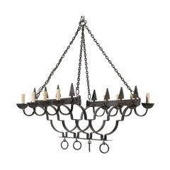 French Linear Eight-Light Black Forged Iron Chandelier, Rewired for US.