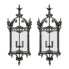 Pair of Large Sized Ornately Decorated Dark Colored Iron Four-Light Lanterns 4