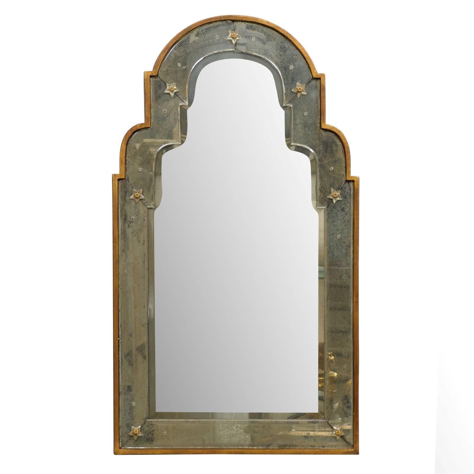 Paris Venetian Style Mirror with Bonnet Type Crest and Gilded Frame