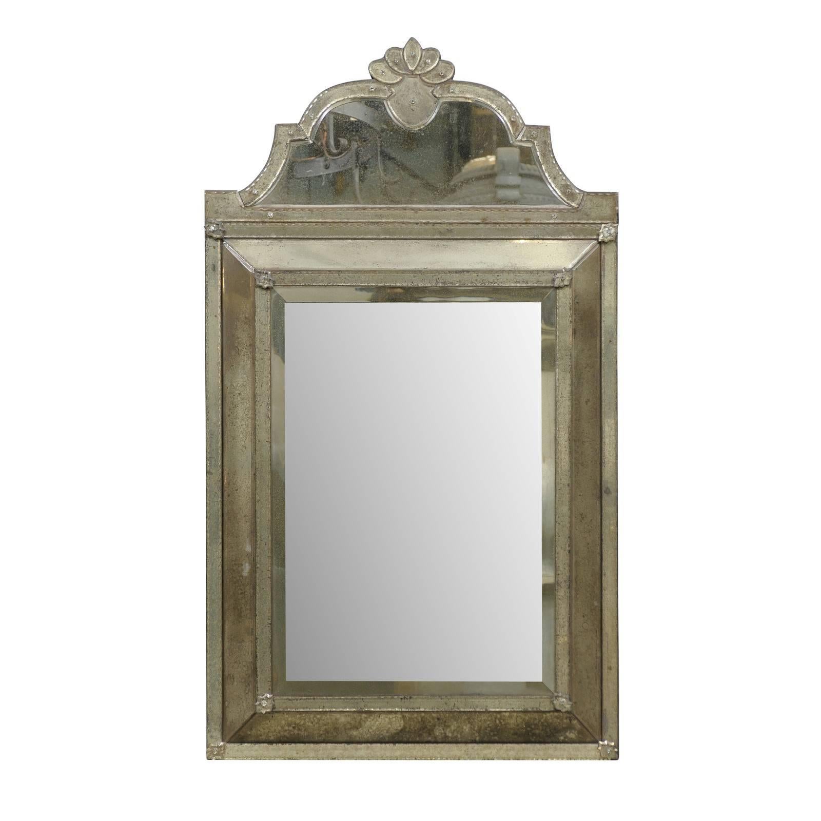 Crest Top Venetian Style Antiqued Rectangular Mirror, Handmade and Hand Silvered