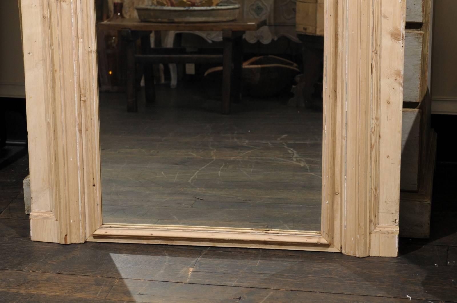 Glass Large French 19th Century Neutral Trumeau Wall Mirror with Natural Wood Finish For Sale