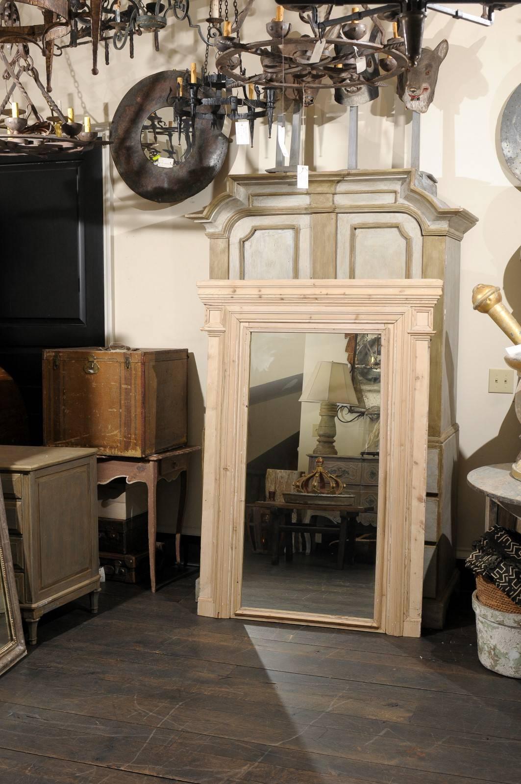 Large French 19th Century Neutral Trumeau Wall Mirror with Natural Wood Finish For Sale 2
