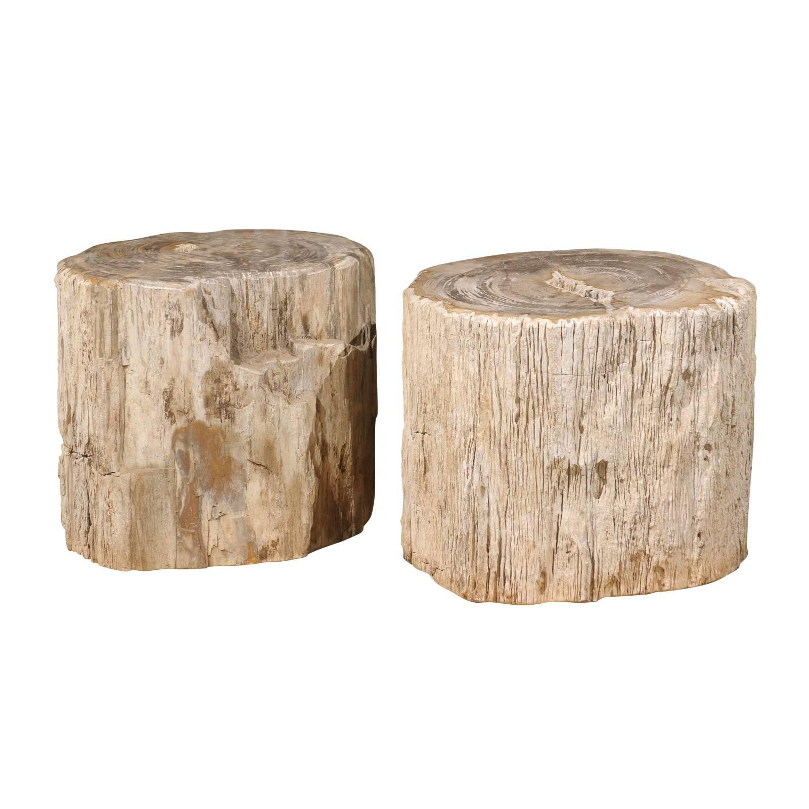 Pair of Short and Wide Petrified Wood Side or Drink Tables in Beige & Light Grey