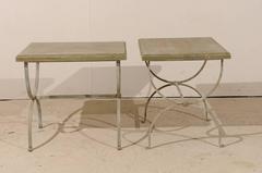 Pair of Metal / Wood Side Tables with Half Moon Shaped Legs & Grey-Green Color
