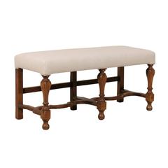 Elegant Italian Walnut Colored Wood / Upholstered Bench with Turned Front Legs