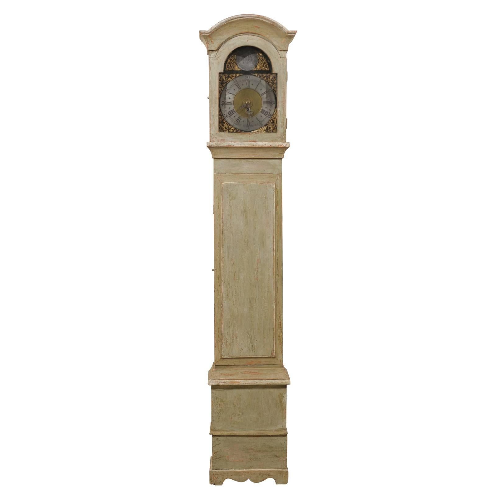 Swedish 19th Century Floor Clock with Linear Body and Pewter Ring Face