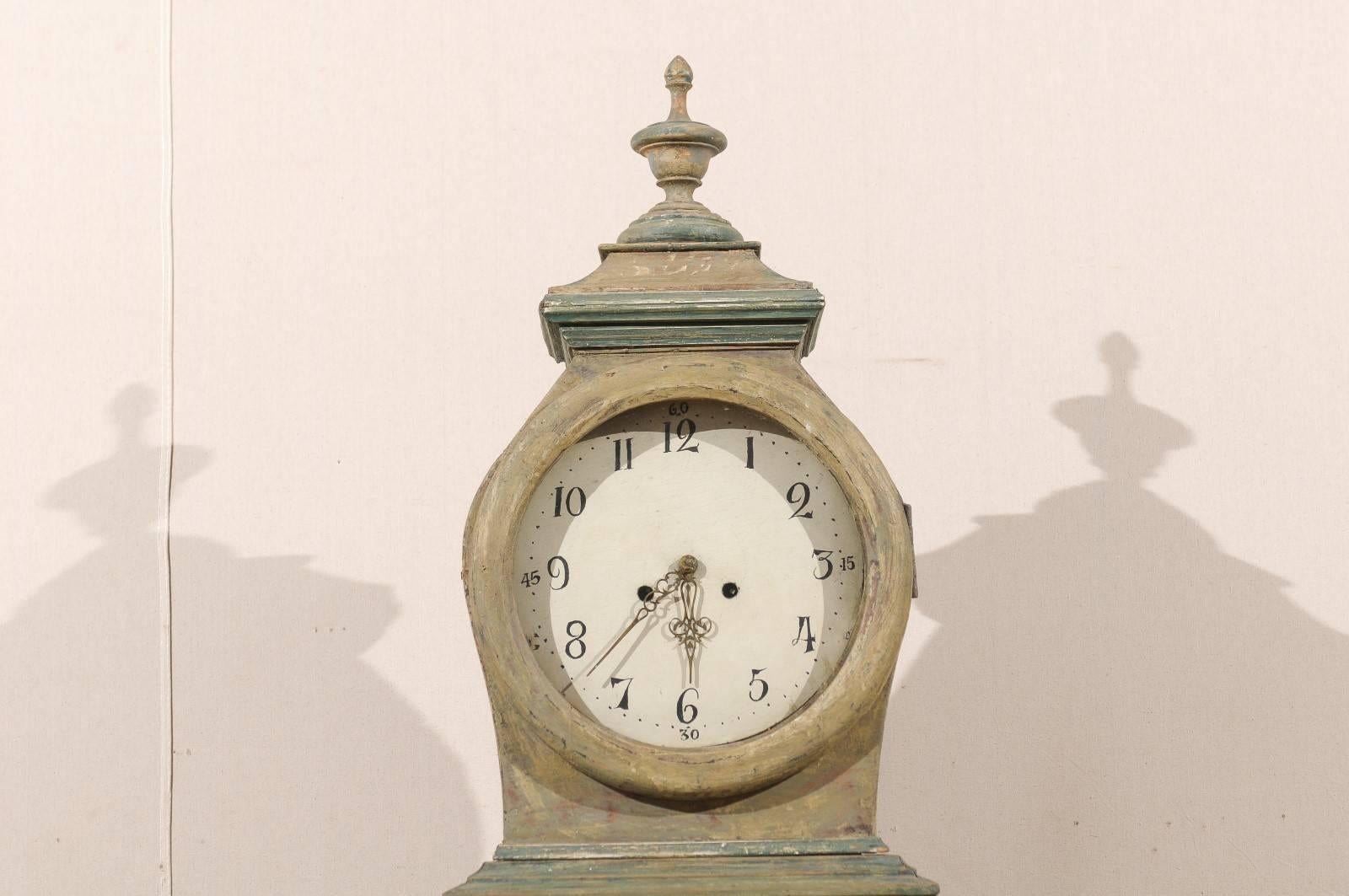 Carved Swedish 19th Century Wood Long Case/Floor Clock in Taupe, Grey and Green Colors For Sale
