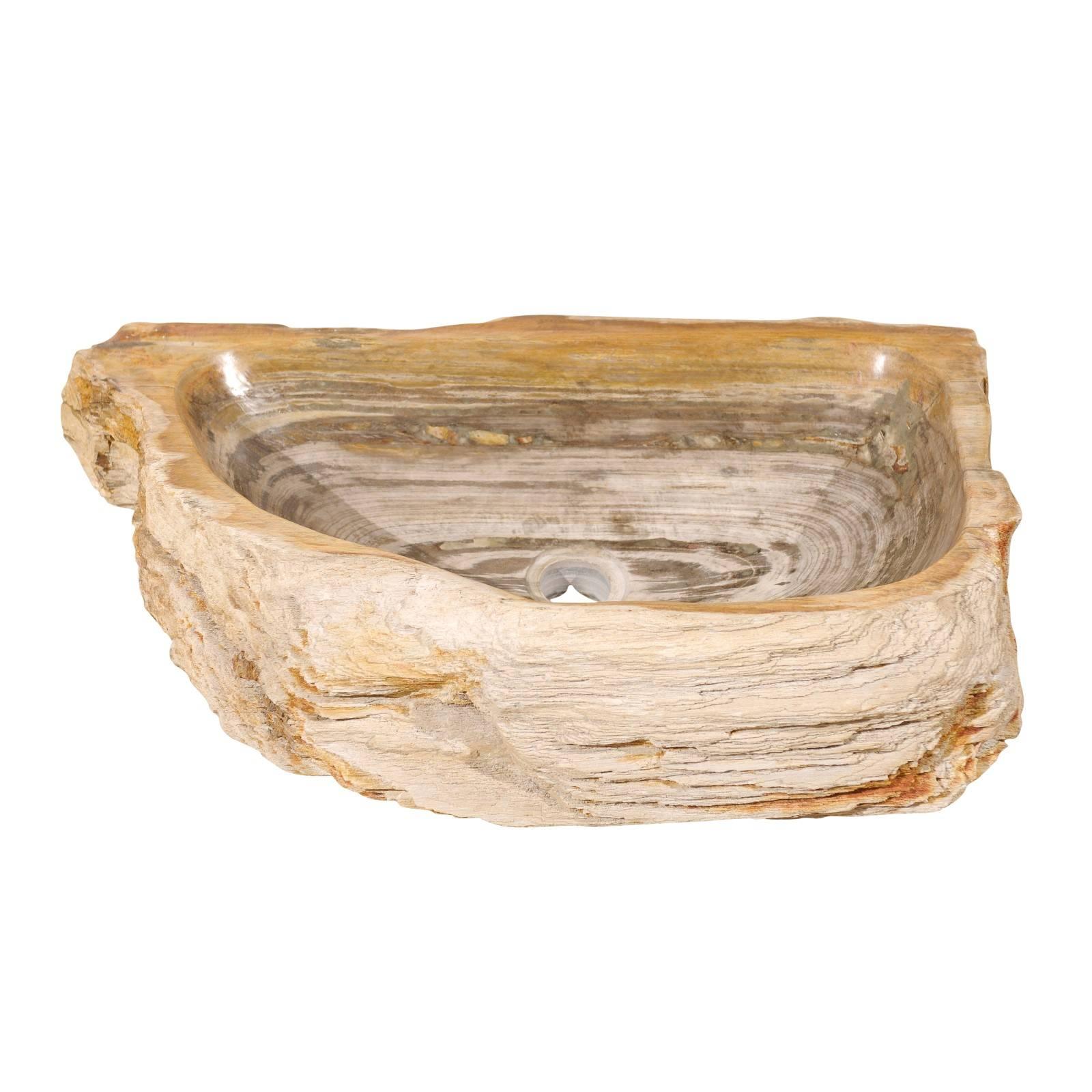 Oblong Petrified Wood Sink in Neutral Light Cream Color with Beige / Grey Colors