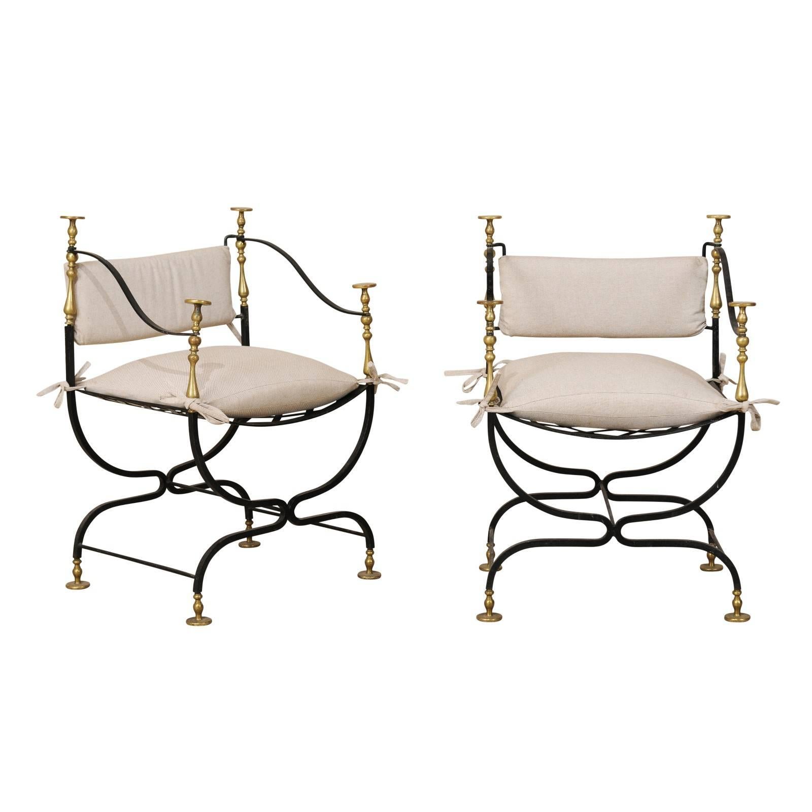 Pair of Italian Mid-Century Brass / Iron Curule Style Accent Chairs with U-Shape