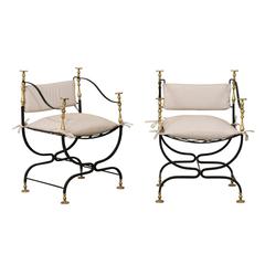 Pair of Italian Mid-Century Brass / Iron Curule Style Accent Chairs with U-Shape