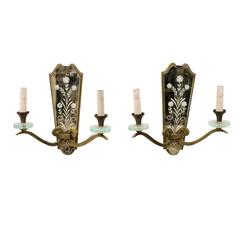 Pair of French Two-Light Mirrored Sconces with Églomisé Etched Floral Details