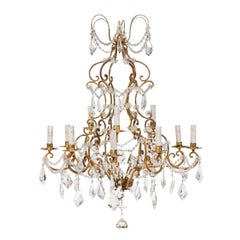 Elegant French Twelve-Light Two-Tiered Crystal Gilt Iron Chandelier