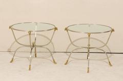 Pair of Italian Glass, Brass and Silver Metal Side Tables with Ram's Head Motifs