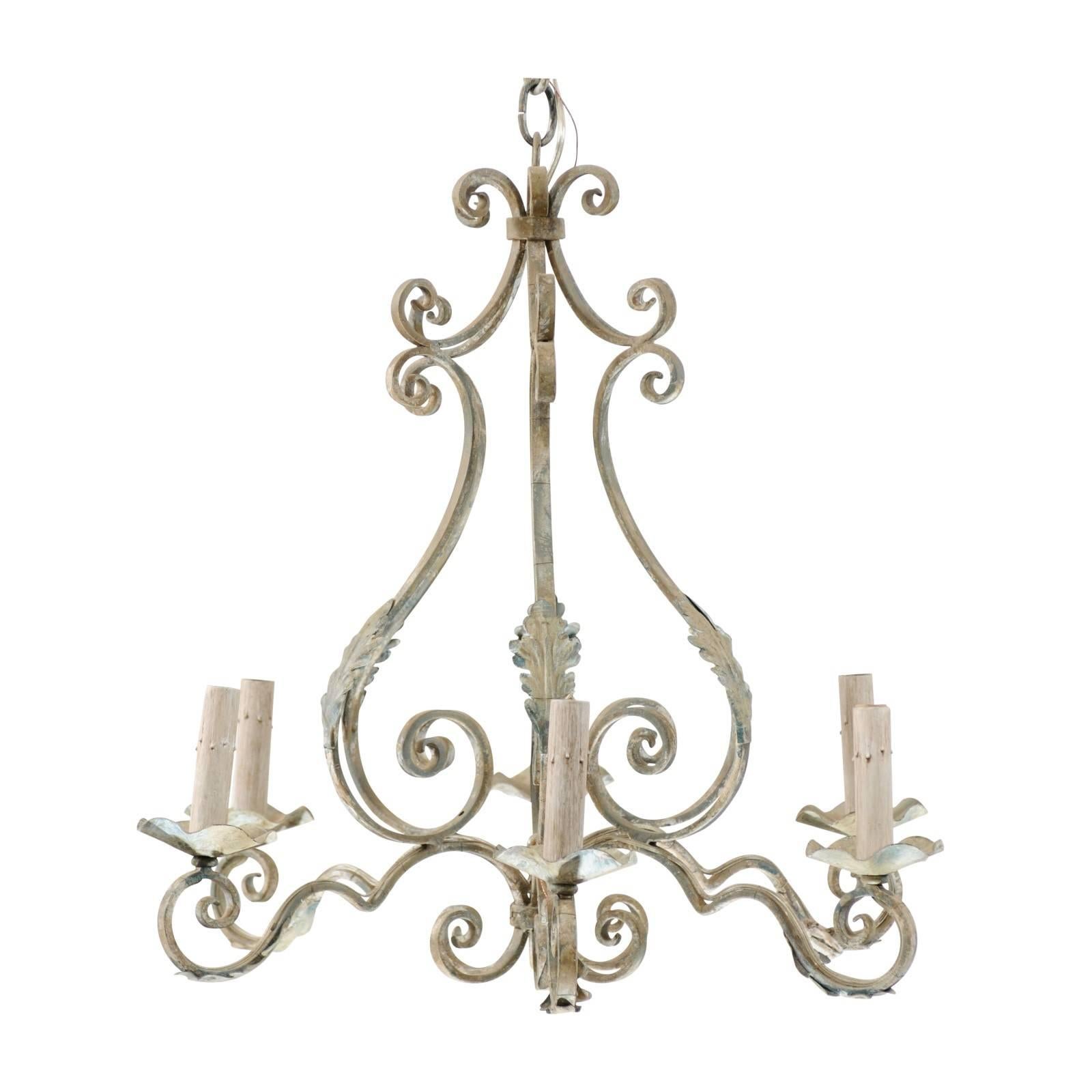 French Six-Light Pear Shaped Painted Iron Chandelier with Ornate Scrolls