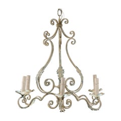 Retro French Six-Light Pear Shaped Painted Iron Chandelier with Ornate Scrolls