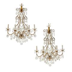 Pair of Italian Mid-Century Crystal Chandeliers with Six-Lights Each, Gold Hue