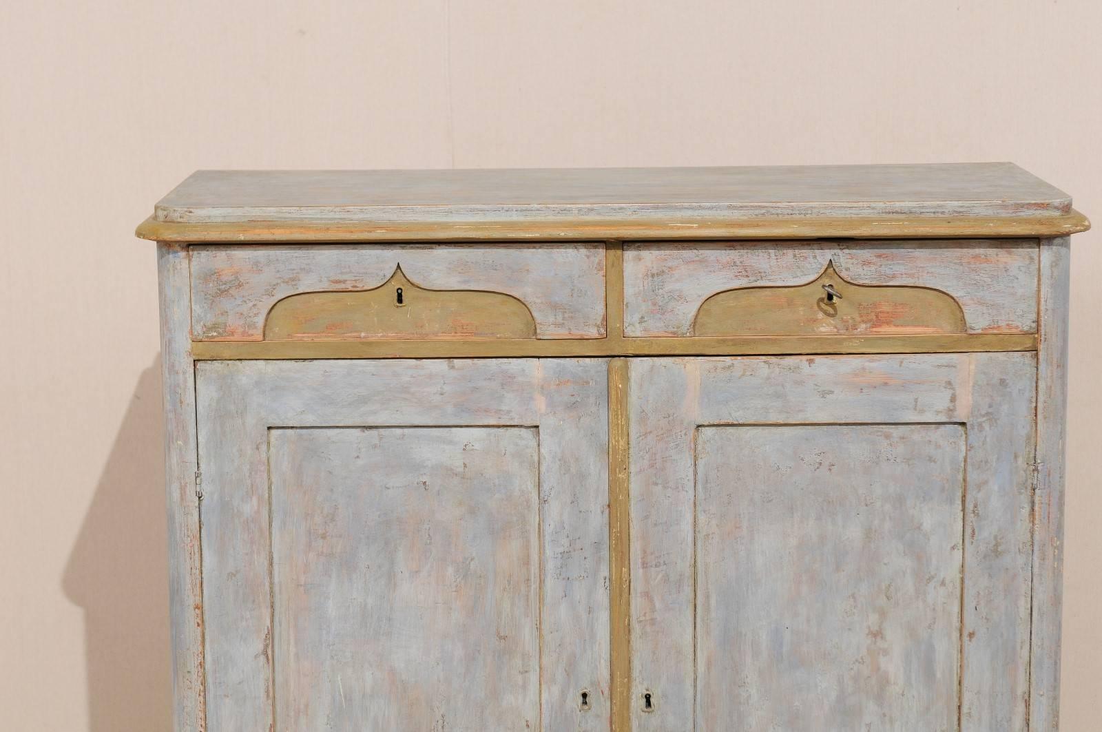 Carved 19th Century, Swedish Two-Door, Two-Drawer Painted Wood Cabinet with Ogee Motif