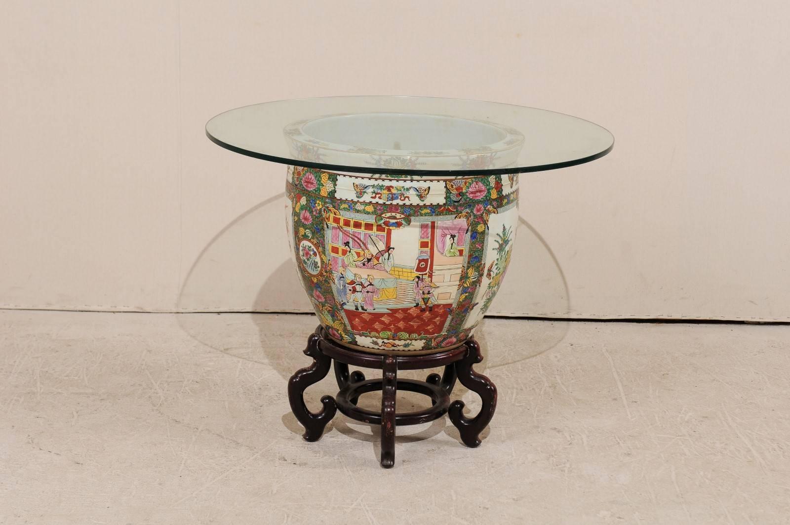 Chinese Famille Rose Ornately Decorated Porcelain, Glass and Wood Round Table For Sale 1