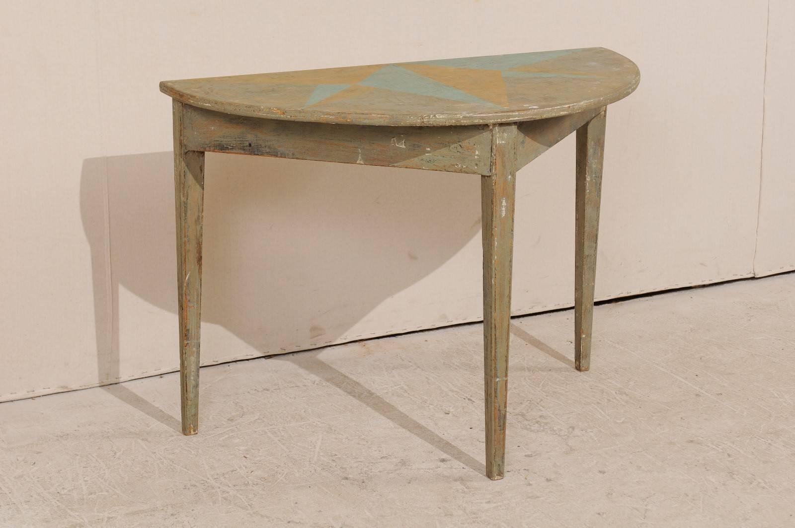 Hand-Painted Swedish 19th Century Single Painted Wood Demi-Lune Table with Custom Star Motif