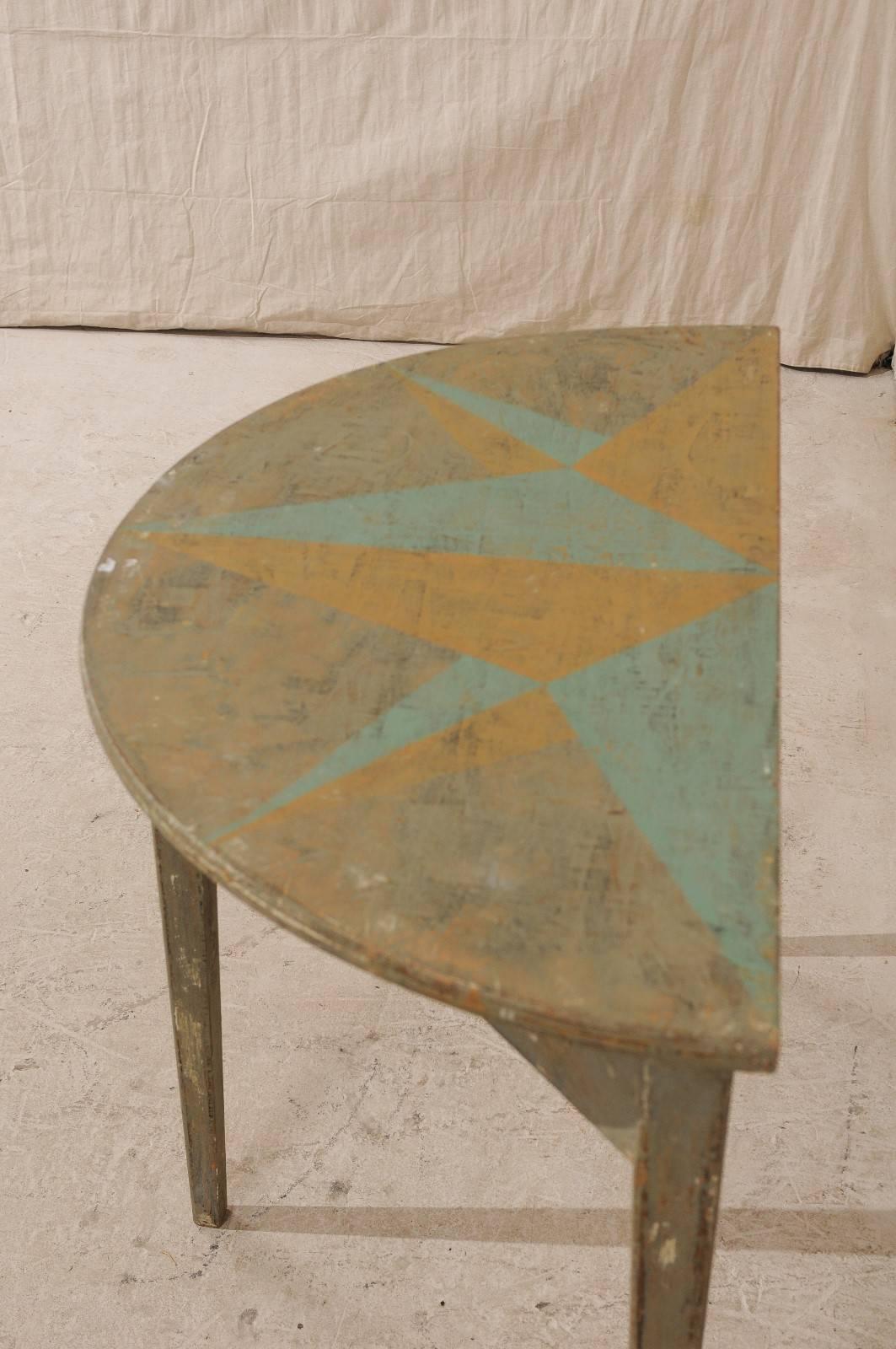 Swedish 19th Century Single Painted Wood Demi-Lune Table with Custom Star Motif 3