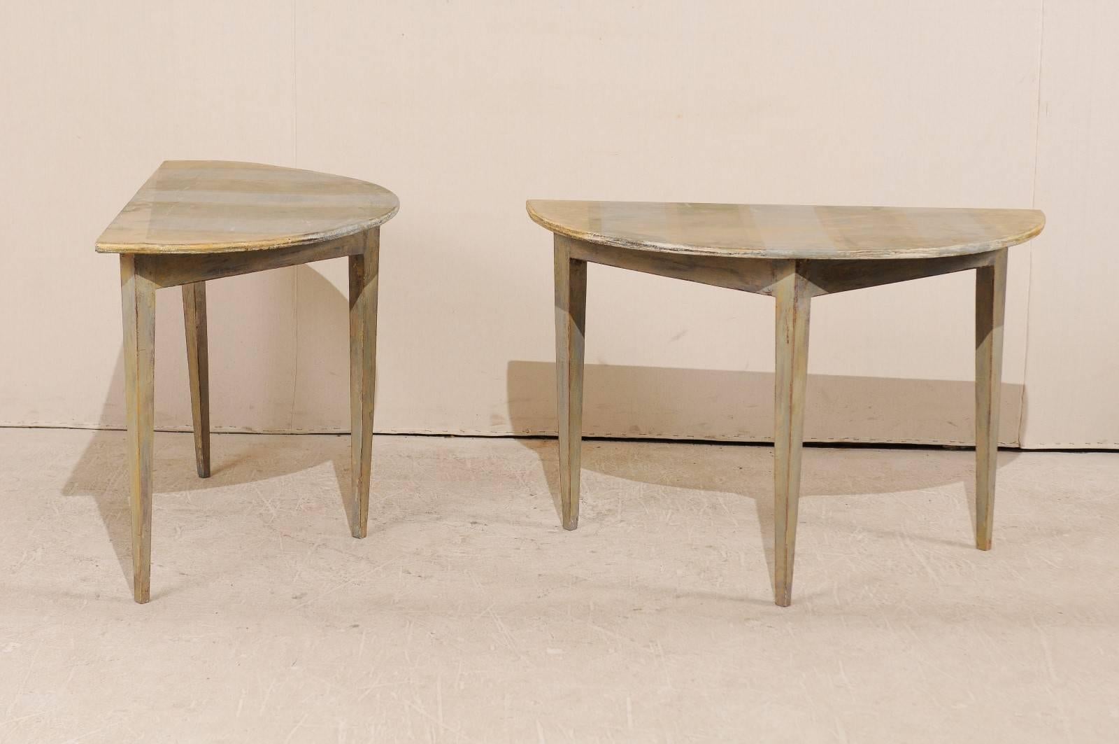 Pair of 19th Century Swedish Painted Wood Demi-Lune Tables with Unique Stripes In Good Condition In Atlanta, GA