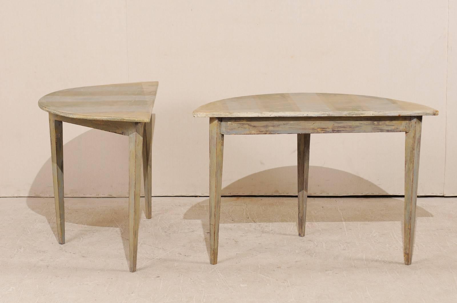 Pair of 19th Century Swedish Painted Wood Demi-Lune Tables with Unique Stripes 1