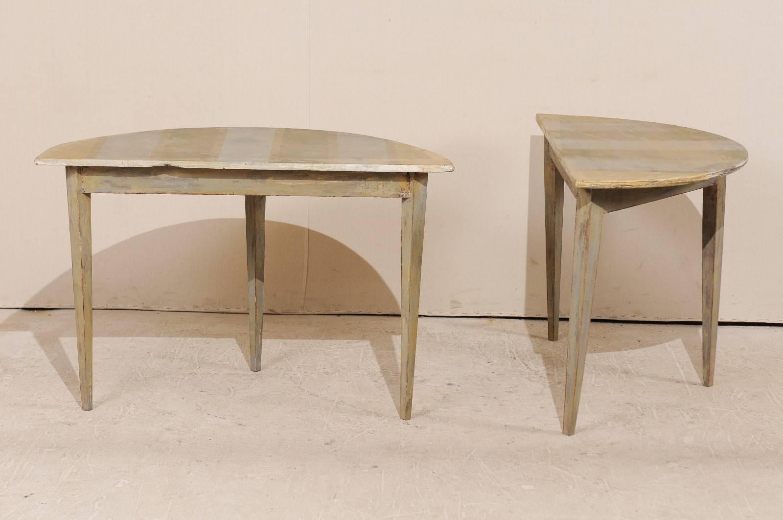 Pair of 19th Century Swedish Painted Wood Demi-Lune Tables with Unique Stripes 2
