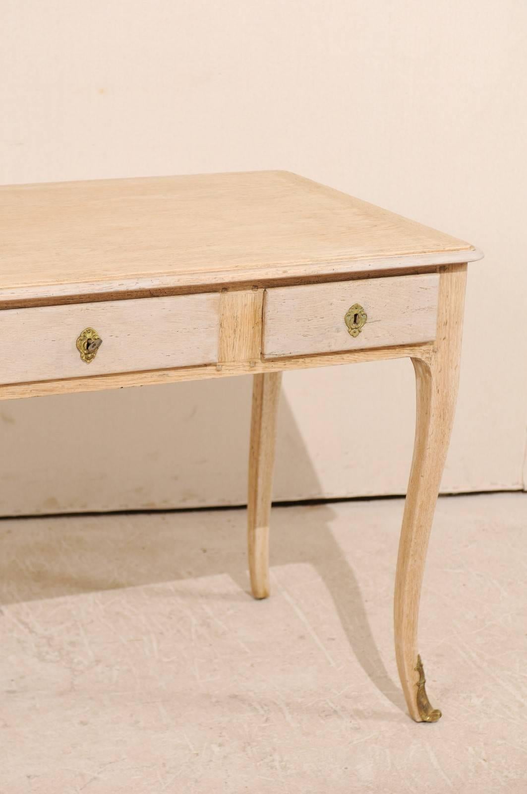 20th Century Mid-Century Desk of Bleached Oak with Cabriole Legs and Brass Accents