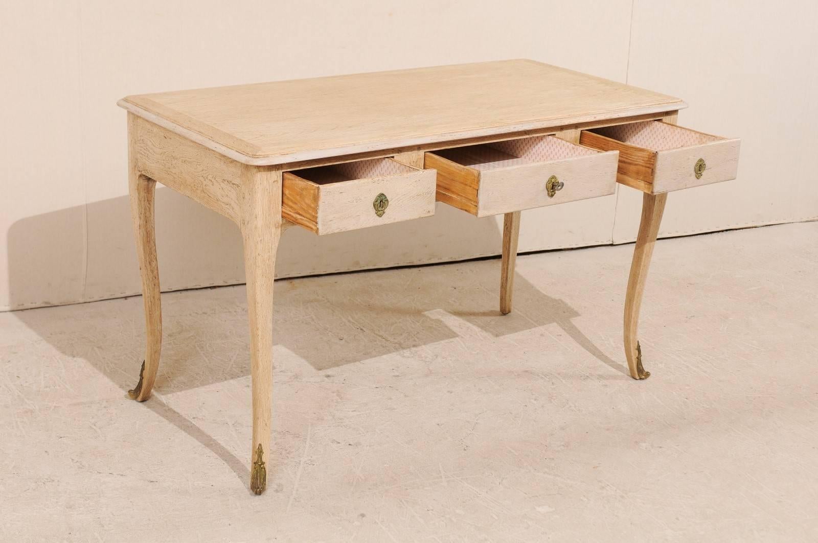Mid-Century Desk of Bleached Oak with Cabriole Legs and Brass Accents 1