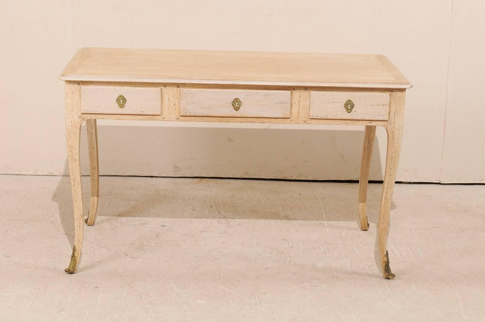 American Mid-Century Desk of Bleached Oak with Cabriole Legs and Brass Accents