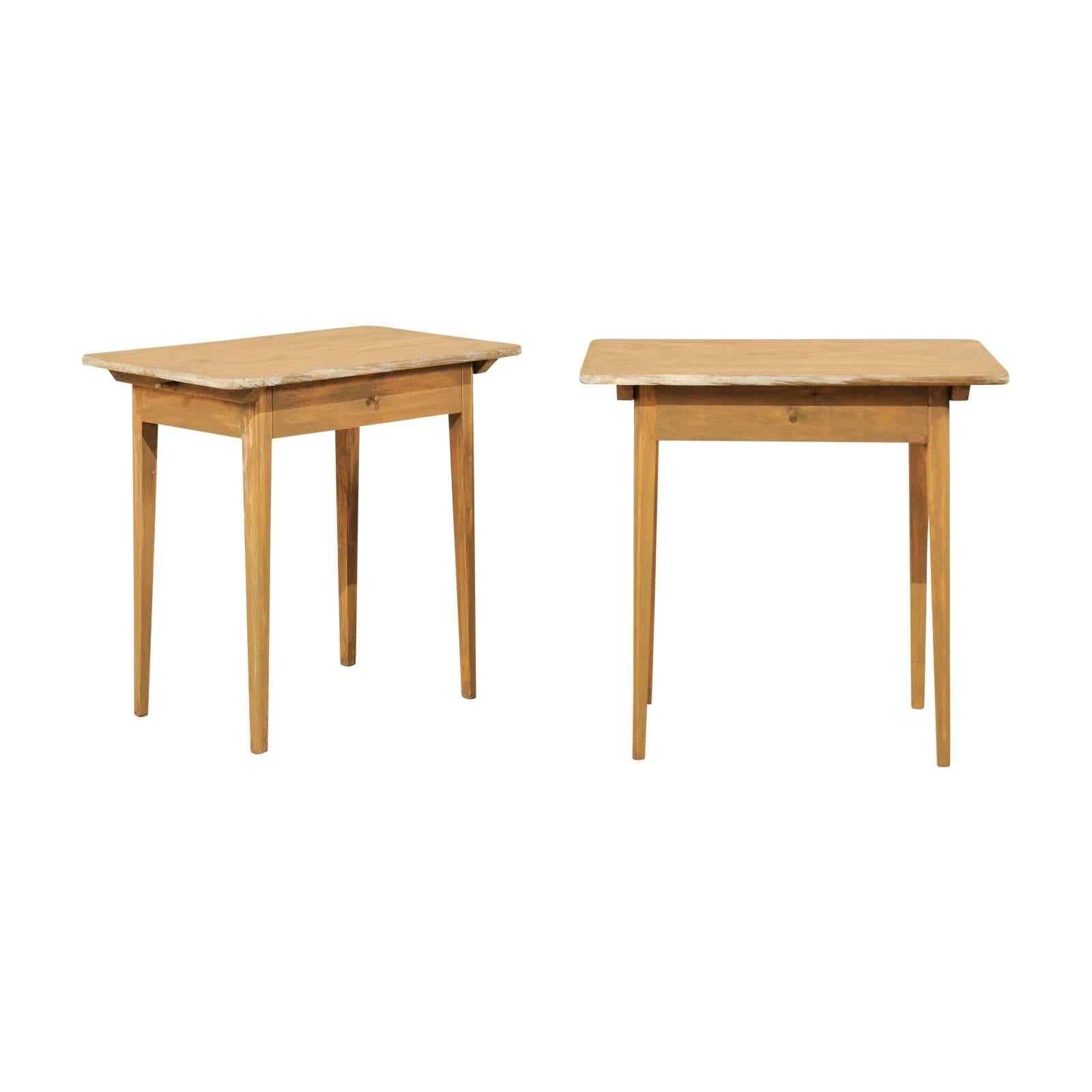 Pair of Swedish Beige Tinted Single Drawer Side Tables with Tapered Legs