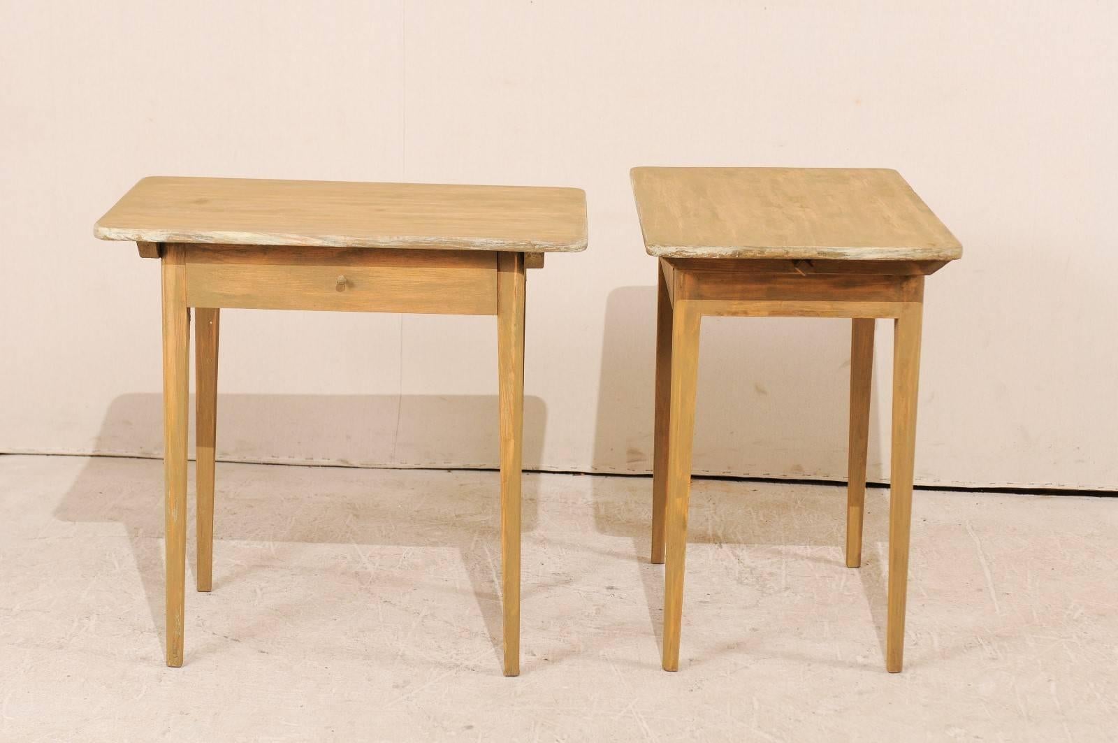 Wood Pair of Swedish Beige Tinted Single Drawer Side Tables with Tapered Legs